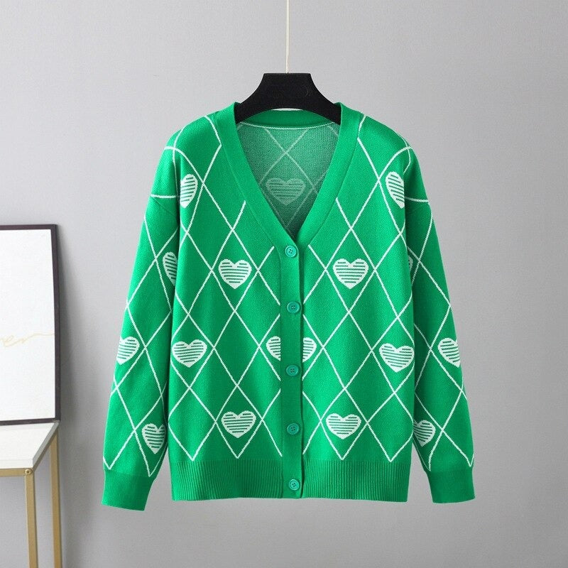 Warm Loose V-Neck Knitted Cardigan For Women Green One Size