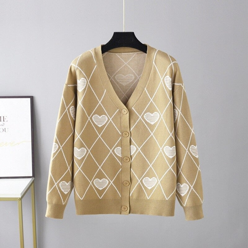 Warm Loose V-Neck Knitted Cardigan For Women Khaki One Size