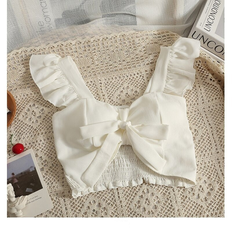 Bohemian Bow Tie Lace-up Print Camisole Tops For Women White One Size