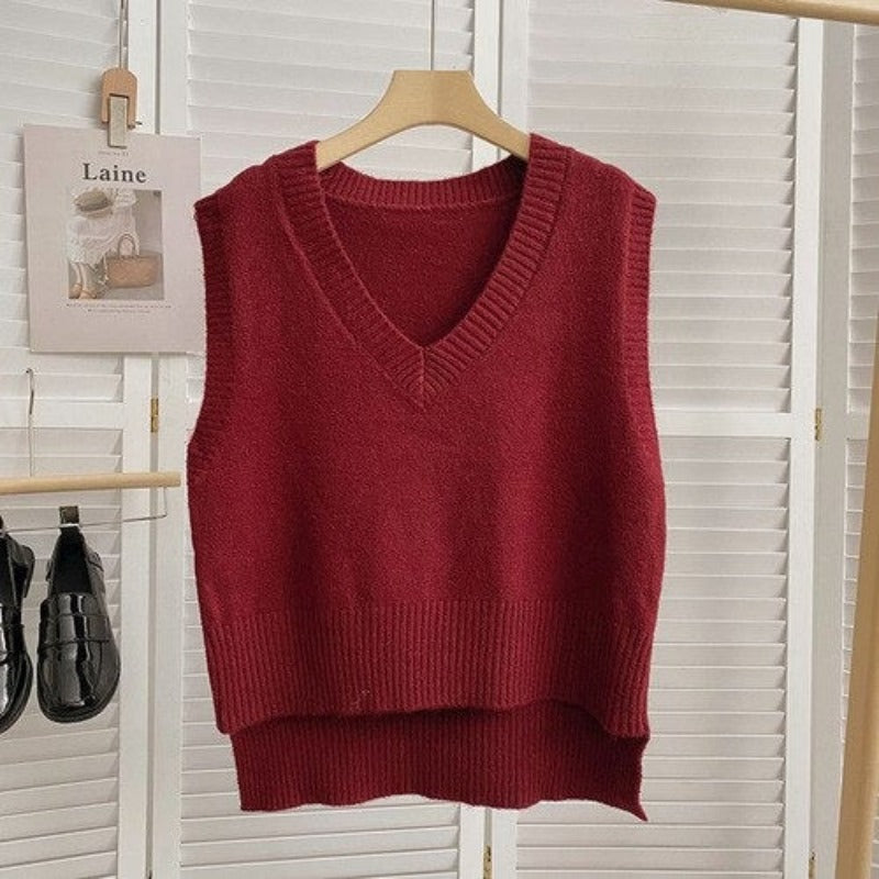 Loose Knitted V-Neck Sweater Vest For Women Red One Size