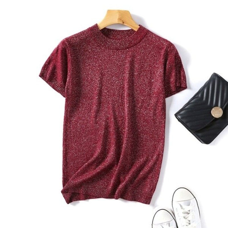 Shiny Knitted Slim O-Neck Sweater Shirt For Women Red One Size