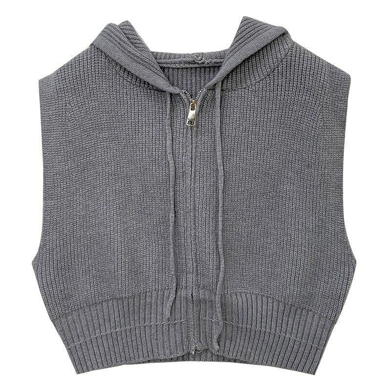 Loose Zipper Knitted Hooded Sweater Vest For Women Gray One Size