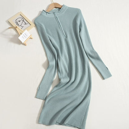 Women's Zipper Collar Thin Knit Sweater Dress Teal One Size