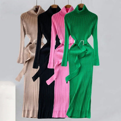 Knitted Waist Slimming Long Bodycon Dress With Belt