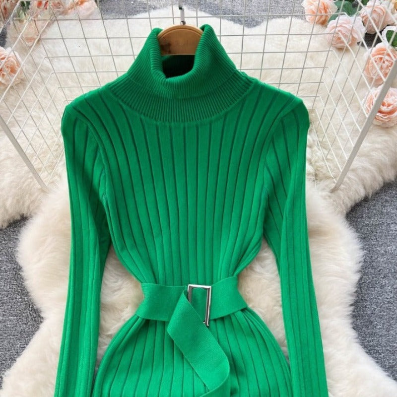 Knitted Waist Slimming Long Bodycon Dress With Belt