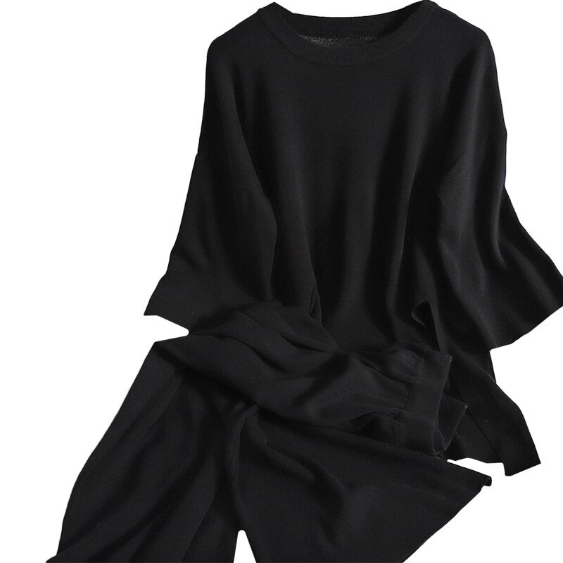 2 Pieces Long Slit Top With Loose Wide-Leg Pants For Women