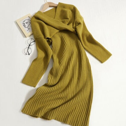 V-Neck Knitted Suspender Knotted Two-Piece Sweater Dress Olive Green One Size